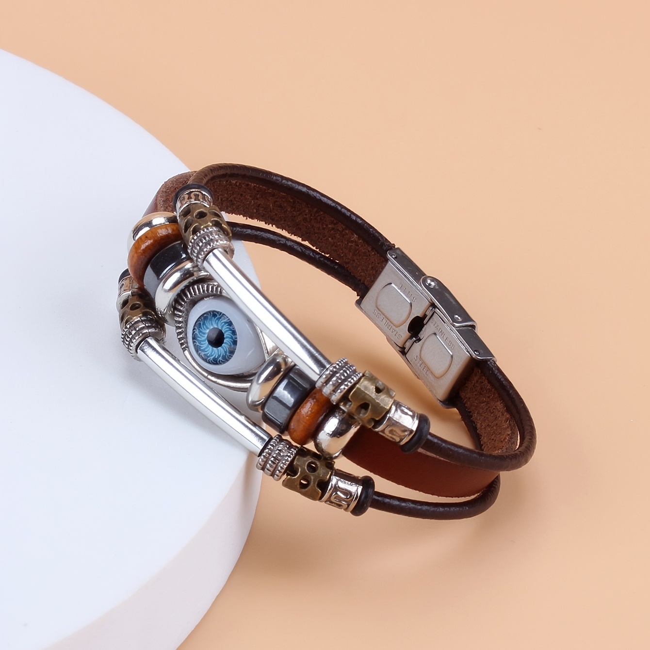 Eye Beaded Bracelet PU Leather Chain Punk Style Hand Jewelry